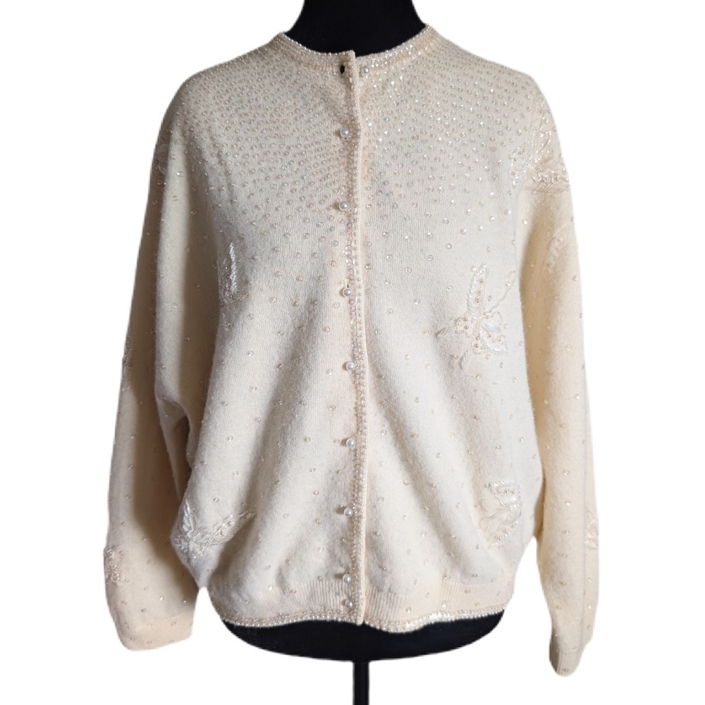 Lane Bryant Vintage 60s Ivory Embellished Beaded Butterfly Lambswool Cardigan